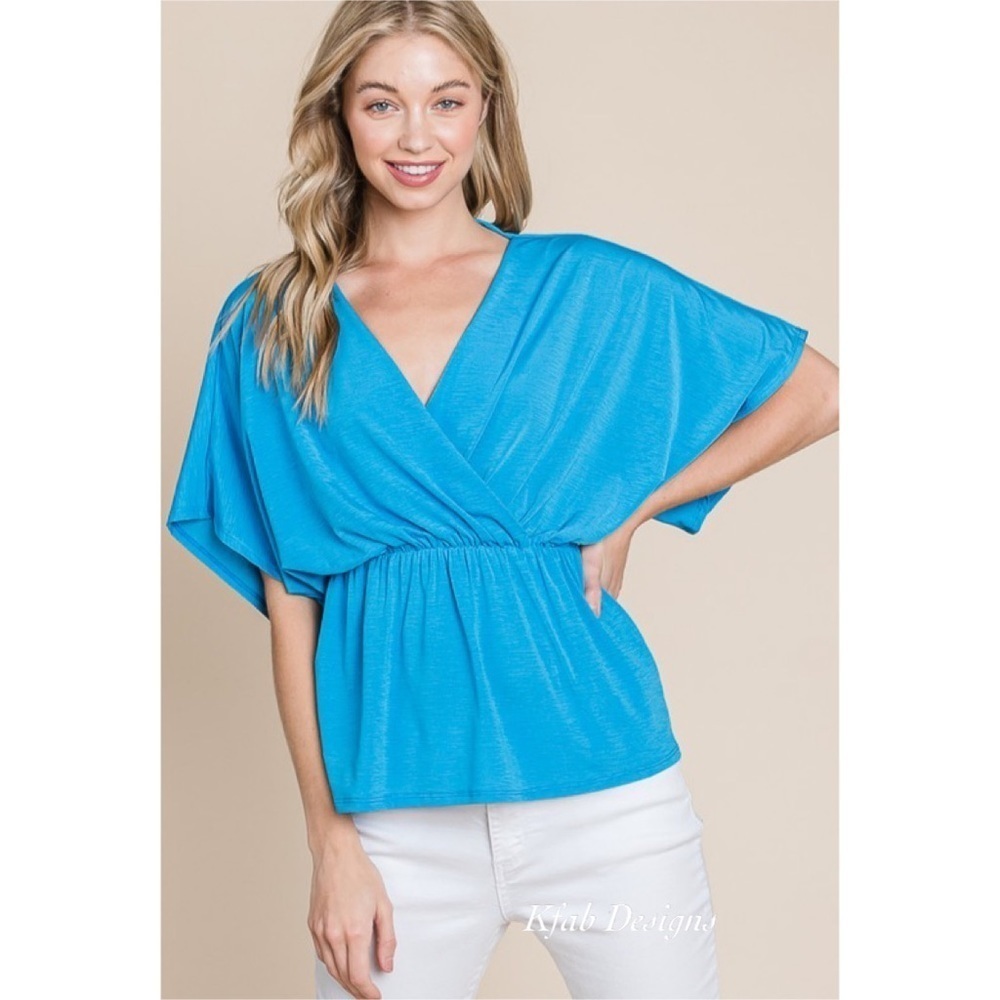 LAST 2! Surplice Cinched Elasticized Waist Ocean Blue Multi Wear Top
